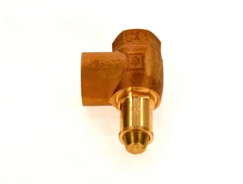 Sicherheitsventil von Bosch in bronze, mit einem abgewinkelten Anschluss und einem zylindrischen Auslass. Sieht robust und funktional aus.